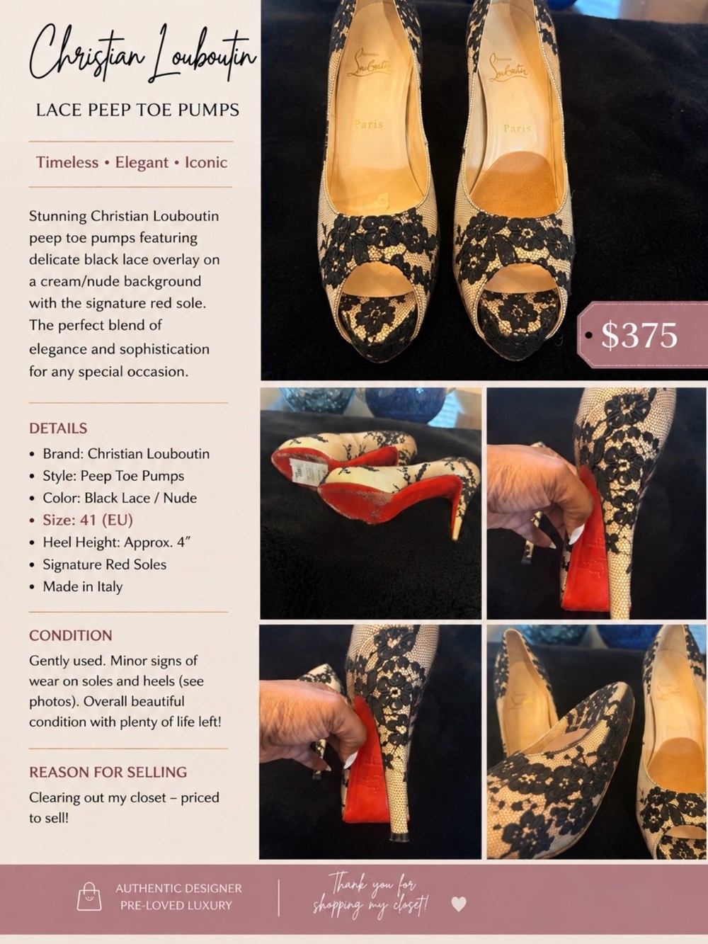 Christian Louboutin Black Lace on Nude Peep Toe Pumps